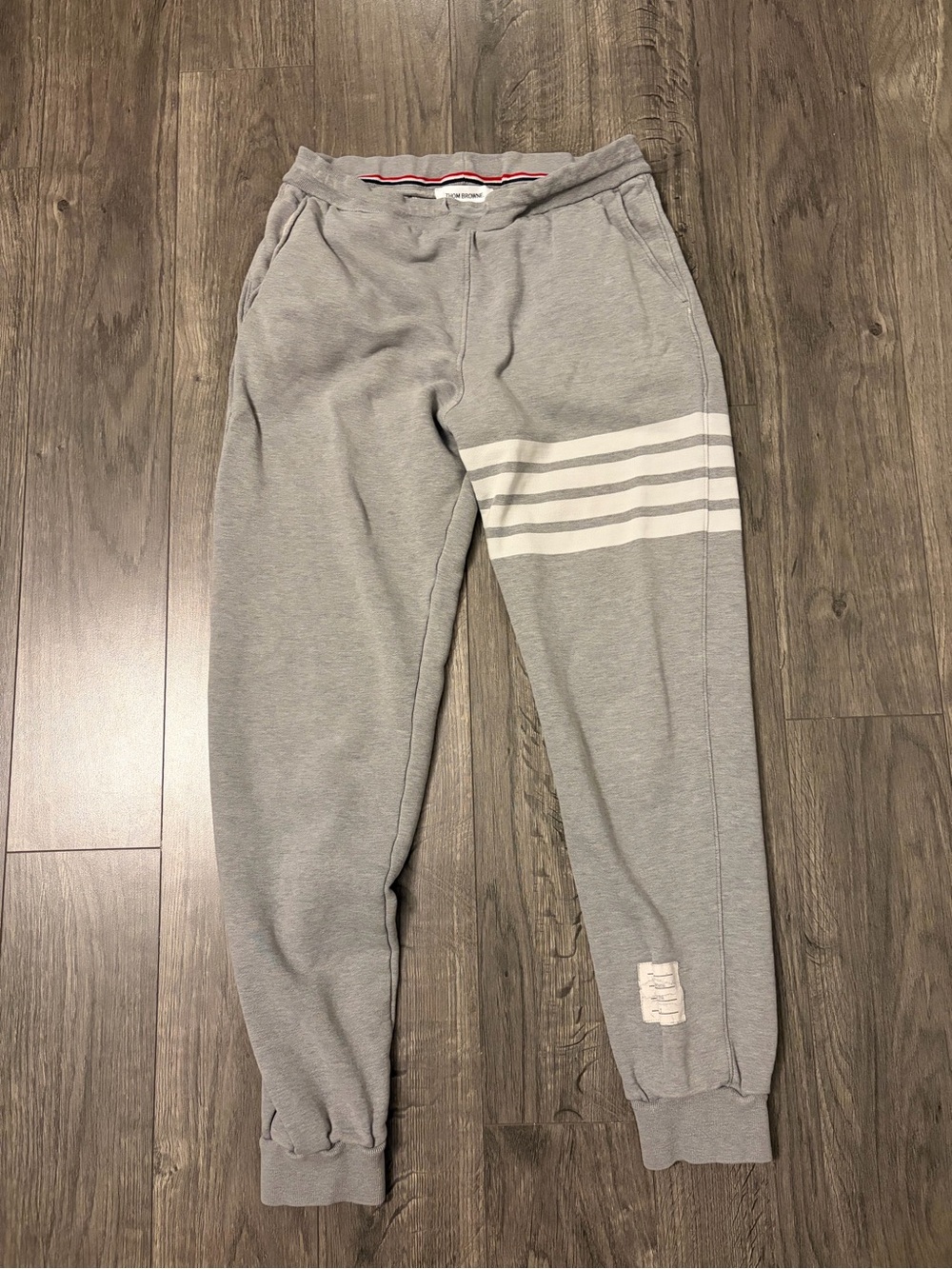 Thom Browne Grey Jogger Sweatpants with White Stripe Detail